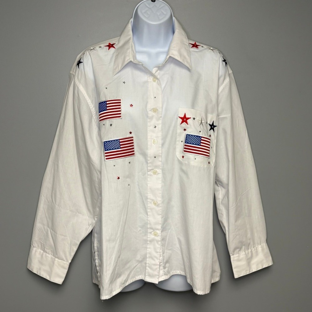 VTG Mili Designs America USA Rhinestone Flag Oversize Button Up Top Womens Sz PM